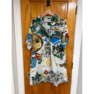 Dizzy Lizzie Abstract Print Cotton Linen Shirt Dress Multicolor Size Large
